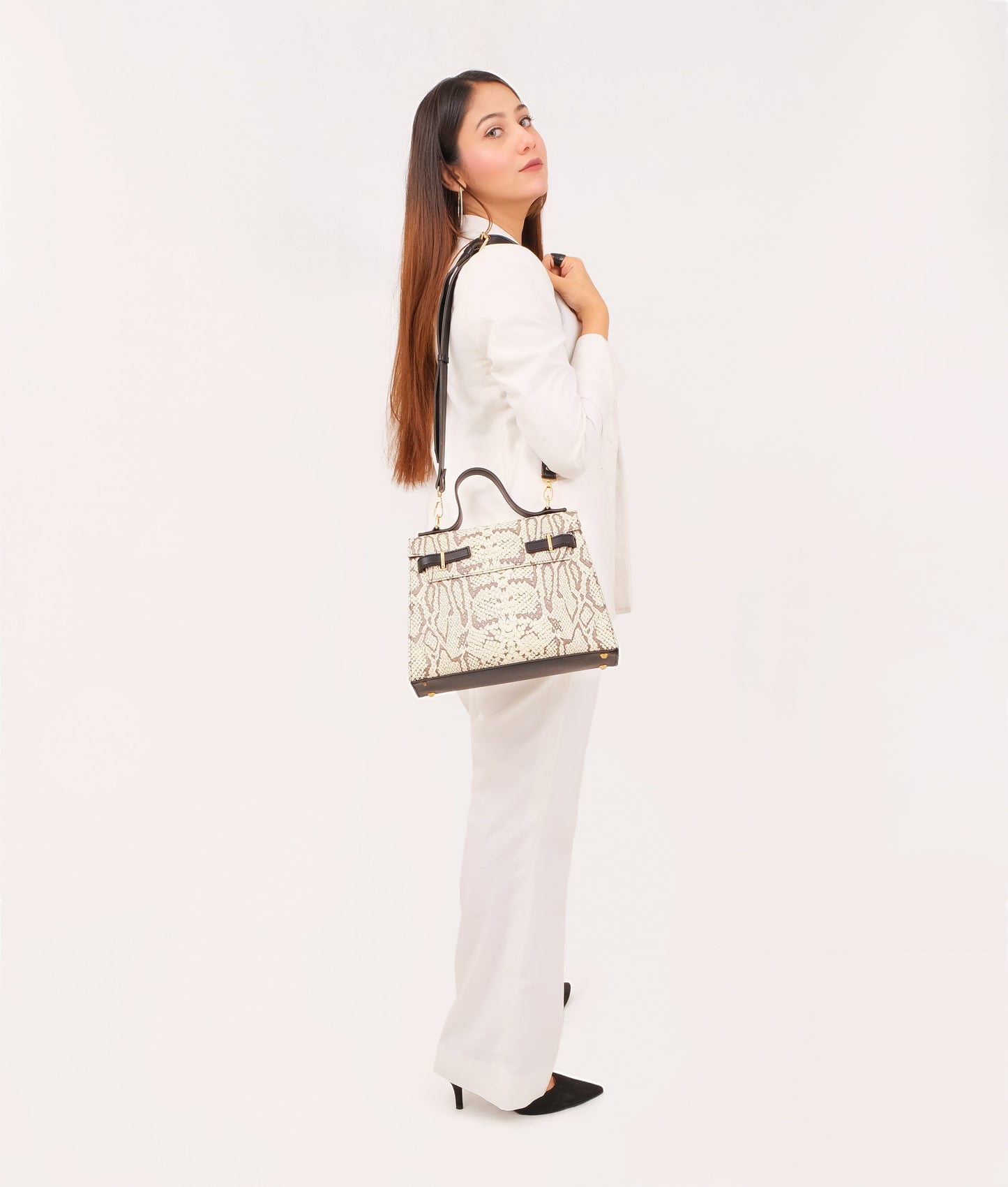 Black and white crocodile cross-body bag with top-handle