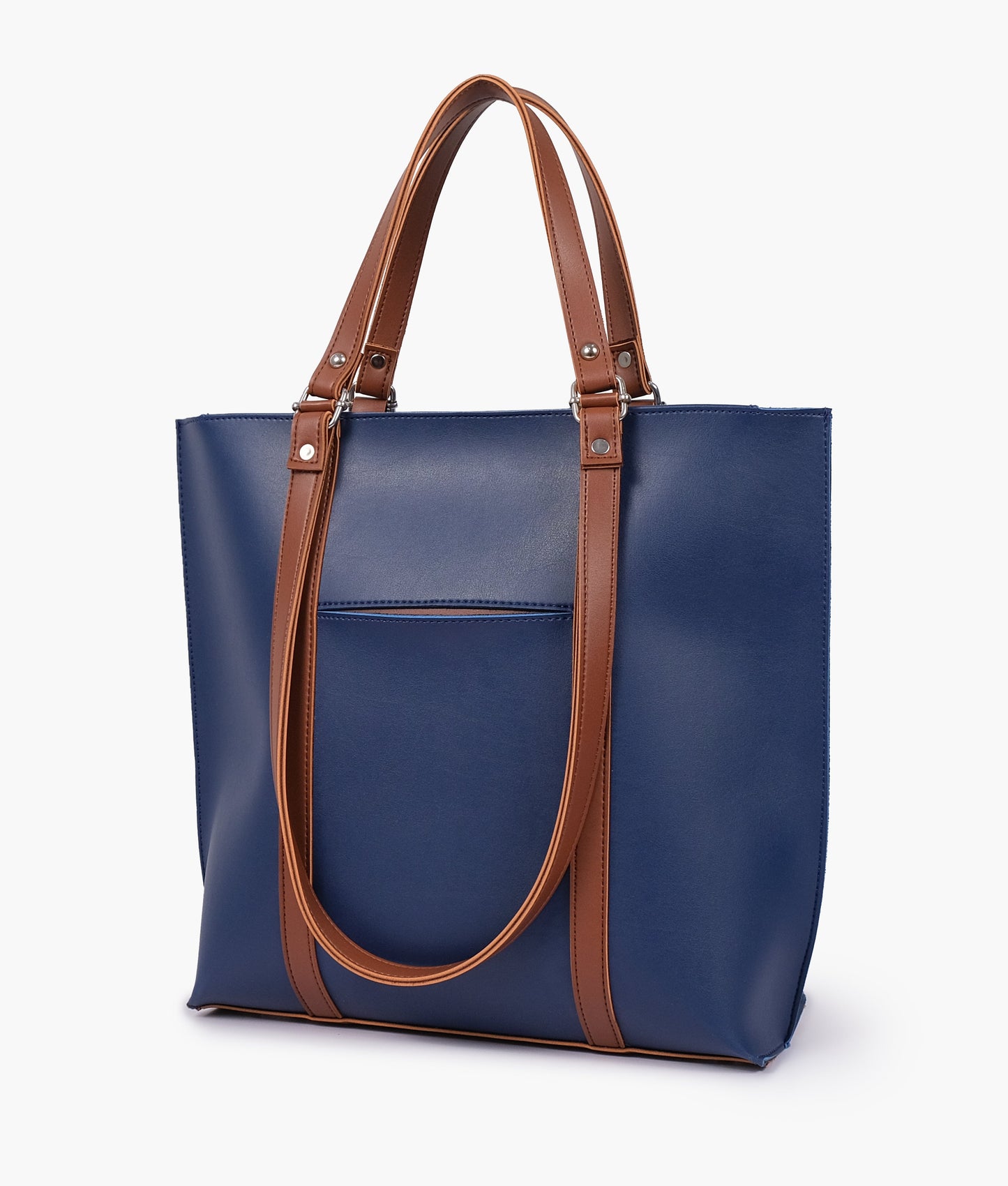 Blue and brown double-handle tote bag