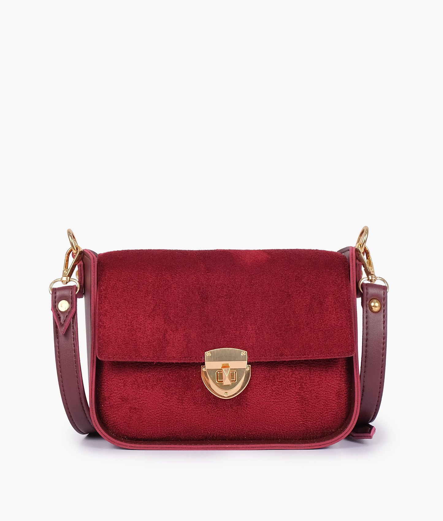 Burgundy suede saddle bag with twist lock