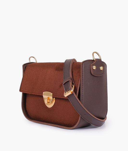 Dark brown suede saddle bag with twist lock